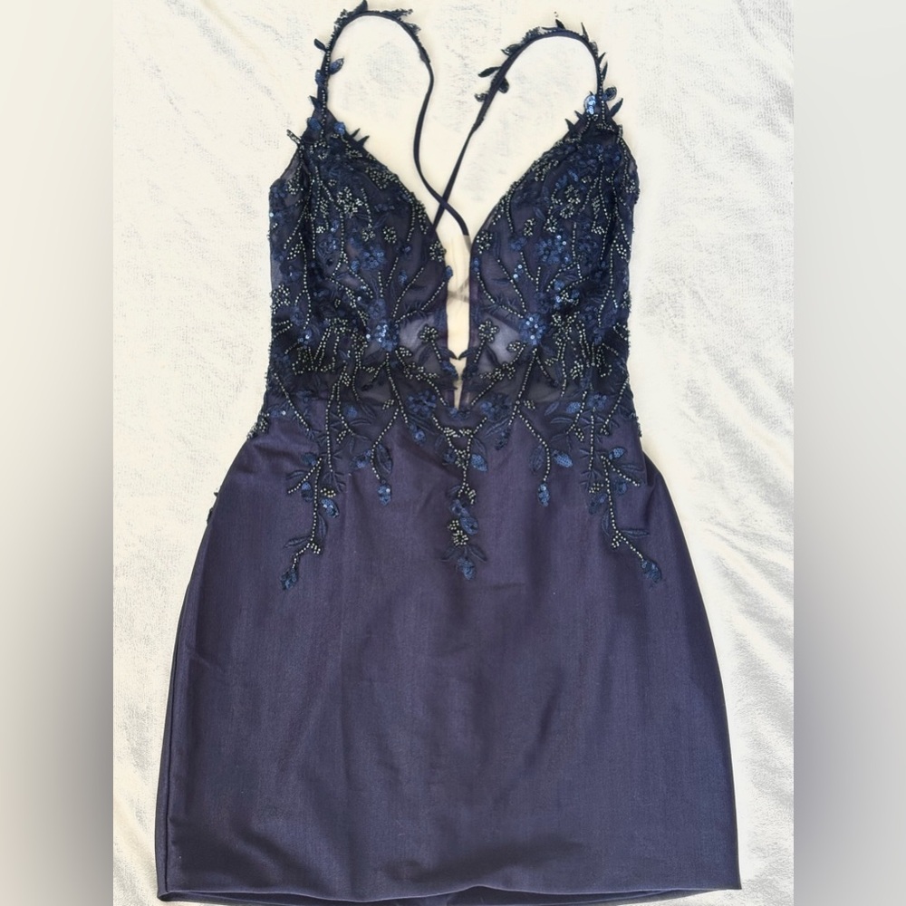 Navy blue Short Sequins Dress Corset Spaghetti Straps Homecoming Sz 8